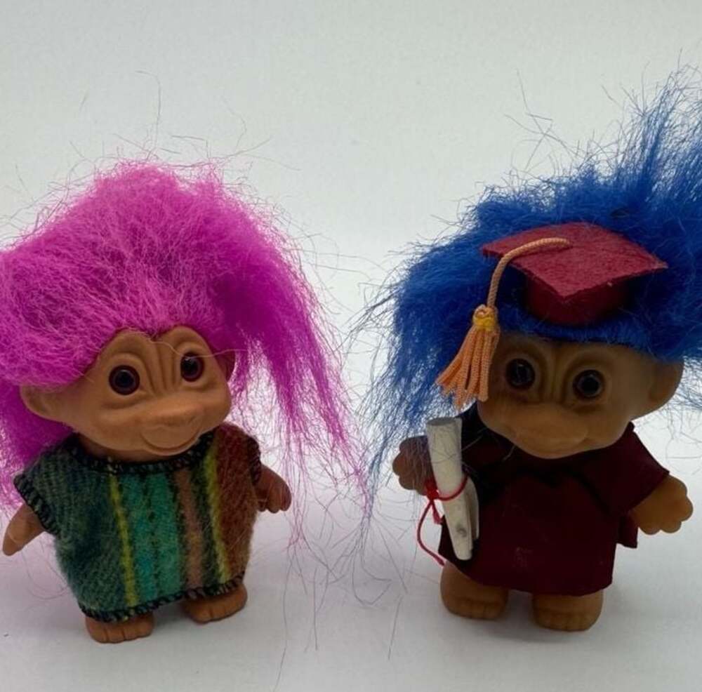 Vintage Russ Berrie Troll Dolls Set of 2 with Graduation and Patterned Outfits